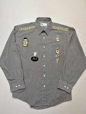 Vtg Mili Designs Women's Sz L Button Up Shirt Black White Rhinestones Embroidery